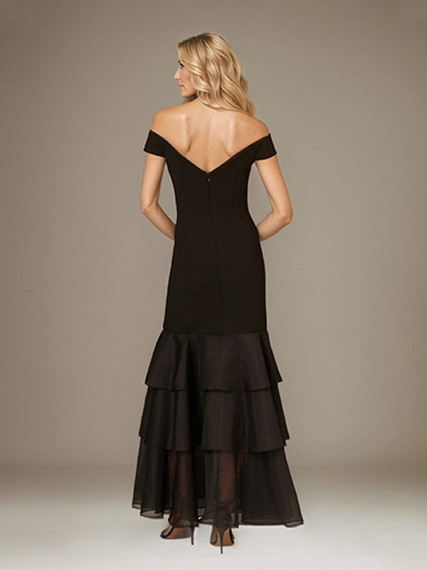Black Stretch Crepe Off the Shoulder Sleeveless Floor Length Dress With Ruffles