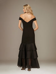 Black Stretch Crepe Off the Shoulder Sleeveless Floor Length Dress With Ruffles