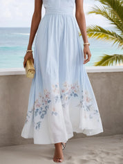 Light Blue Floral V Neck Sleeveless A-Line Maxi Dress
