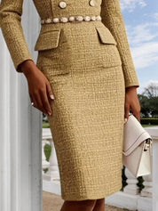 Khaki Buckle Crew Neck Long Sleeve Sheath Midi Tweed Blazer Dress