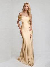 Champagne Satin Trumpet/Mermaid Off the Shoulder Floor Length Bridesmaid Dress