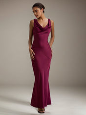 Burgundy Satin Sheath/Column Cowl Neck Sleeveless Floor Length Dress