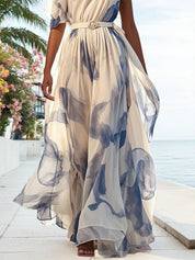 Blue Printing Asymmetric Chiffon One Shoulder Short Sleeve A-Line Maxi Dress