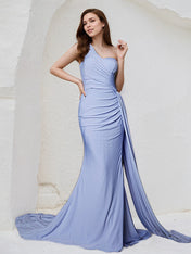 Lavender Chiffon Sheath/Column One Shoulder Sleeveless Floor Length Bridesmaid Dress