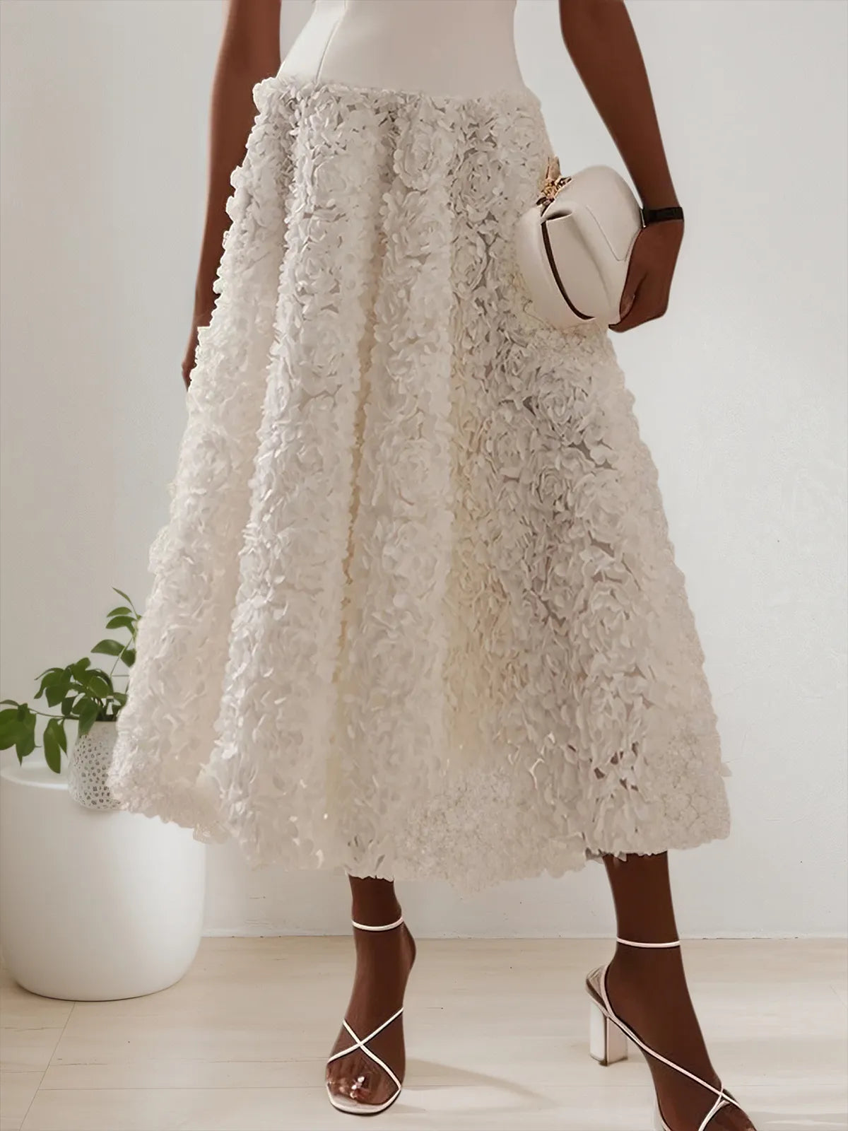 Dreamylily Women White 3D Floral Boat Neck A-Line Midi Dress Dreamylily Women White 3D Floral Boat Neck A-Line Midi Dress