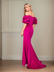 Satin Sheath/Column Off The Shoulder Puff Sleeves Floor Length Mother of the Bride Dresses
