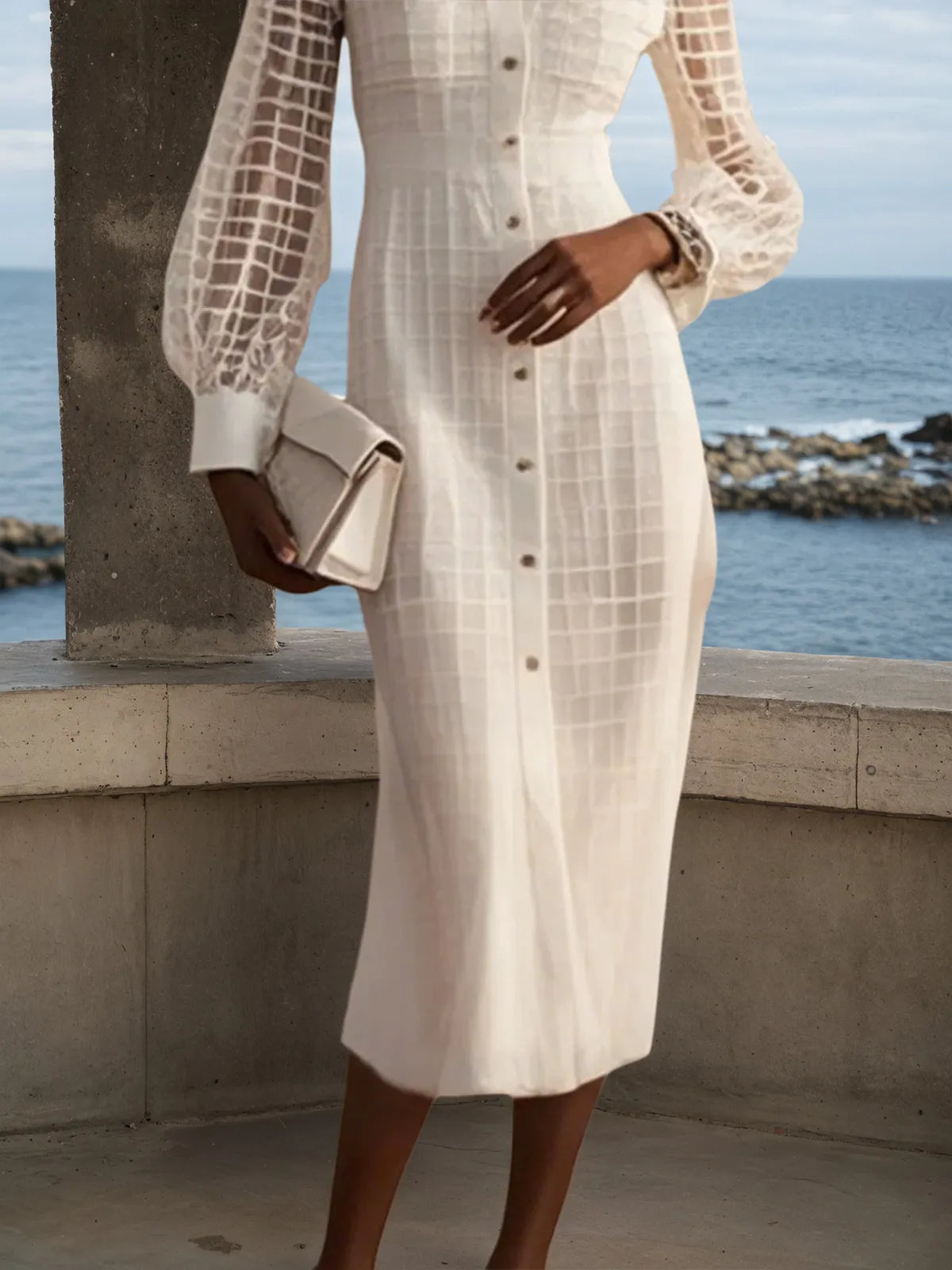 White Shirt Dress Shirt Collar Long Sleeve Balloon Sleeve Sheath Midi Dress