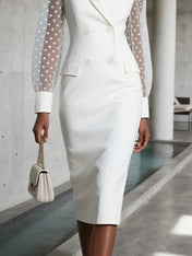 White Buckle Blazer Peaked Lapel Collar Long Sleeve Sheath Midi Dress