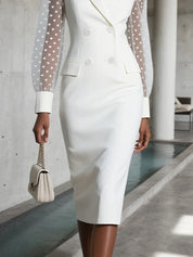 White Buckle Blazer Peaked Lapel Collar Long Sleeve Sheath Midi Dress