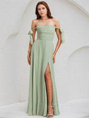 Celadon Chiffon A Line Off the Shoulder Sleeveless Floor Length Bridesmaid Dress
