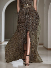 Brown Slit Classic Halter Sleeveless A-Line Maxi Dress