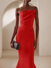 Red Strapless Sheath Mermaid Maxi Dress with Flouncing Skirt