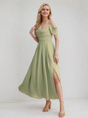 Green Chiffon A Line Spaghetti Straps Sleeveless Ankle Length Bridesmaid Dress