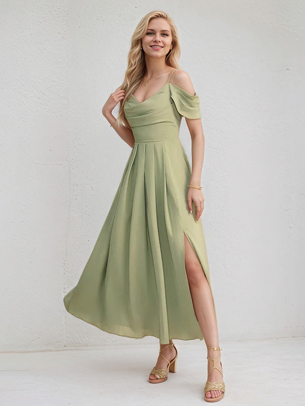 Green Chiffon A Line Spaghetti Straps Sleeveless Ankle Length Bridesmaid Dress