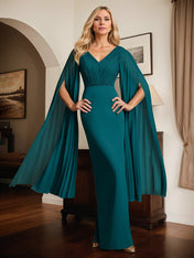 Peacock Chiffon V Neck Cape Sleeves Floor Length Dress With Pleated