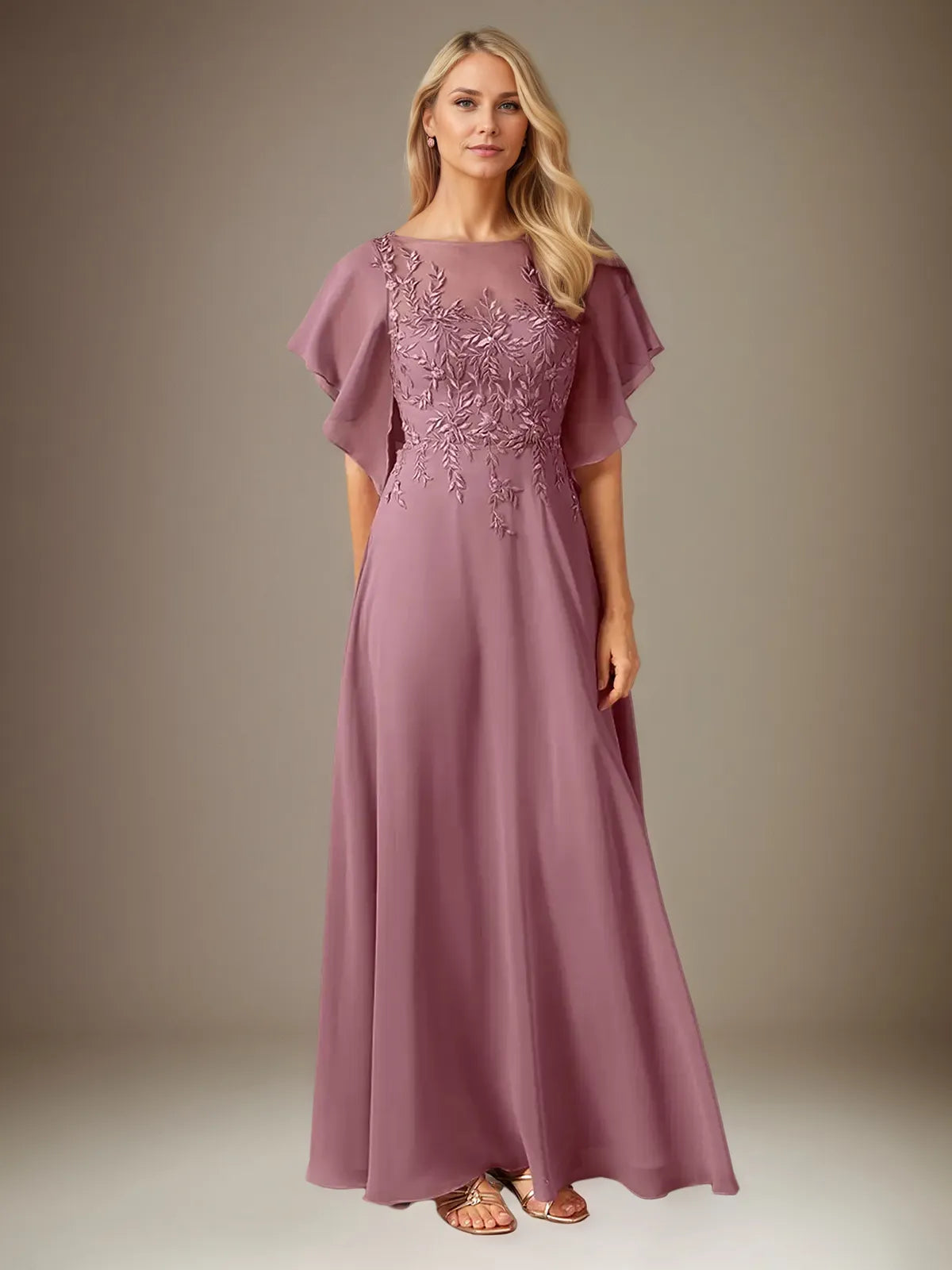 A Line Chiffon Boat Neck Short Sleeves Floor Length Pleated Mother of the Bride Dresses With Appliques