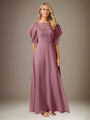 A Line Chiffon Boat Neck Short Sleeves Floor Length Pleated Mother of the Bride Dresses With Appliques