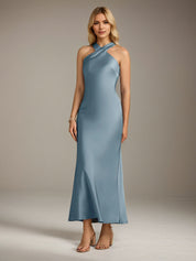 Powder Blue Satin Sheath/Column Halter Neck Sleeveless Ankle Length Bridesmaid Dress