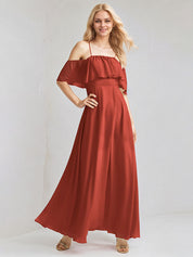 Rust Chiffon A Line Spaghetti Straps Sleeveless Floor Length Bridesmaid Dress With Ruffle