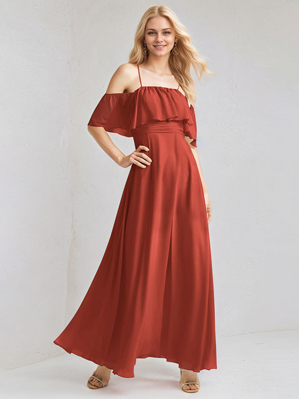 Rust Chiffon A Line Spaghetti Straps Sleeveless Floor Length Bridesmaid Dress With Ruffle