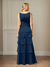 A Line Satin V Neck Sleeveless Floor Length Mother of the Bride Dress With Ruffles