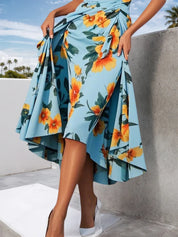 Blue Floral One Shoulder Sleeveless A-Line Midi Dress