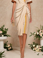 Apricot Wrap Dress Shirt Collar Short Sleeve Sheath Midi Dress