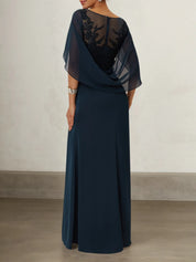 Purplish blue Lace Chiffon Boat Neck Short Sleeve A-Line Maxi Dress