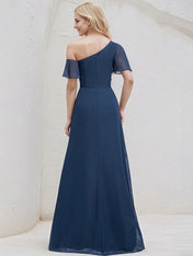 Navy Blue Chiffon A Line One Shoulder Short Sleeves Floor Length Bridesmaid Dress