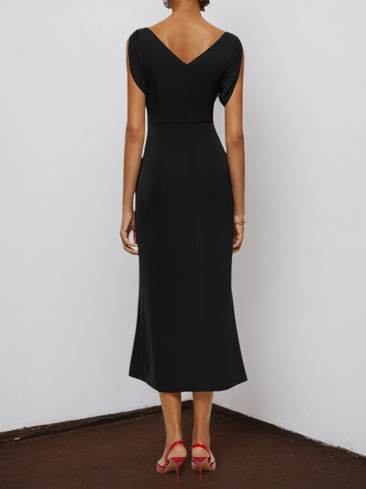 Black Floral Embroidered V Neck Sleeveless Slit Sheath Midi Dress