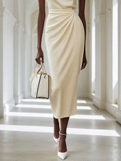 White 3D Floral Ruched Classic Crew Neck Sleeveless Sheath Midi Dress