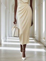 White 3D Floral Ruched Classic Crew Neck Sleeveless Sheath Midi Dress