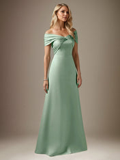 Mist Blue A Line Satin Off The Shoulder Sleeveless Floor Length Dress