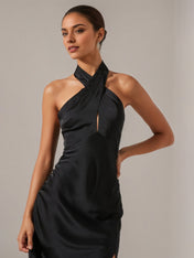 Black Satin Sheath/Column Halter Neck Sleeveless Ankle Length Dress