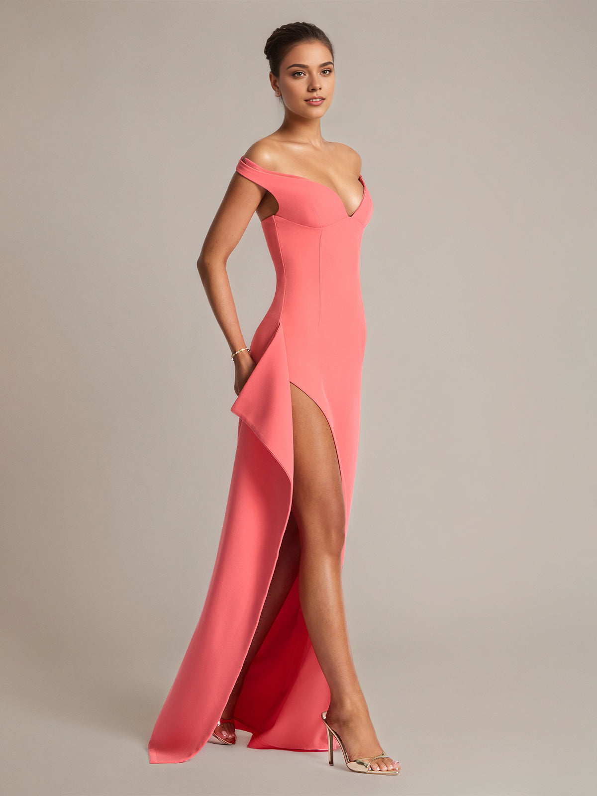 Coral Pink Sheath/Column Stretch Crepe Off The Shoulder Floor Length Dress