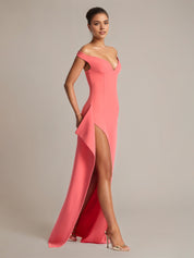 Coral Pink Sheath/Column Stretch Crepe Off The Shoulder Floor Length Dress