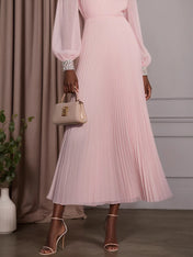 Pink Pleated Hotfix Embellished Chiffon Off The Shoulder Long Sleeve Balloon Sleeve A-Line Maxi Dress