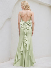 Celadon Satin Spaghetti Straps Sleeveless Floor Length Bridesmaid Dress With Bow