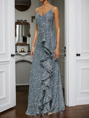 Silver Sequin Ruffled Spaghetti Sleeveless A-Line Gown