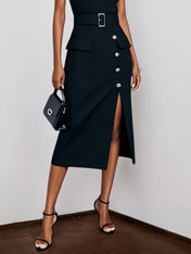 Black Buckle Slit Classic V Neck Sleeveless Sheath Midi Dress