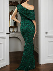 Green One Shoulder Gown Mermaid Sequin Dress