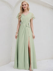 Celadon Chiffon A Line V Neck Ruffle Sleeves Floor Length Bridesmaid Dress