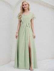 Celadon Chiffon A Line V Neck Ruffle Sleeves Floor Length Bridesmaid Dress