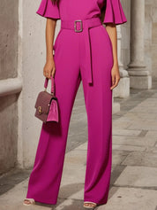 Rose Red Plain Off The Shoulder Bell Sleeve Jumpsuit With Belt
