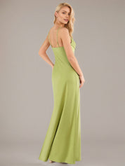 Green Sheath/Column Satin Asymmetrical Sleeveless Floor Length Dresses