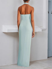 Blue Halter Rhinestones Knot Front Slit Sheath Gown Maxi Dress