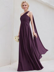 Grape A-Line One Shoulder Floor-Length Chiffon Bridesmaid Dress With Ruffle