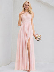 Blushing Pink A-Line Scoop Floor-Length Lace Chiffon Bridesmaid Dress