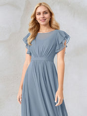 Dusty Blue A-Line Round Neck Floor-Length Chiffon Bridesmaid Dress With Ruffles