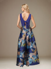 Royal Blue A Line Satin Jewel Neckline Sleeveless Floor Length Floral Dress